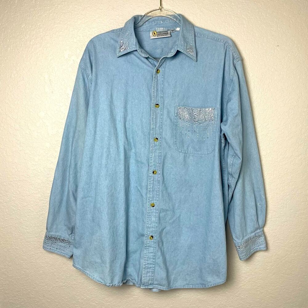 CHRISTINE ALEXANDER Vintage Oversized Denim Button Down w/Rhinestones Size M